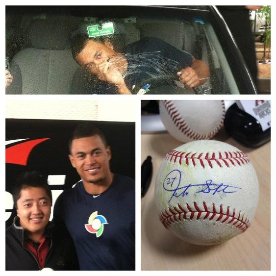 Giancarlo Stanton autographs windshield broken by ball he hit during batting practice