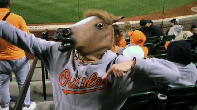 Horse-headed O's fan flexes, neighs, terrifies (Video)