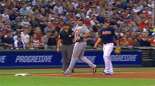 Miguel Cabrera tripping over third base (GIF)