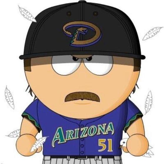 Randy Johnson's Twitter avatar: himself, as a South Park character, with a dead bird