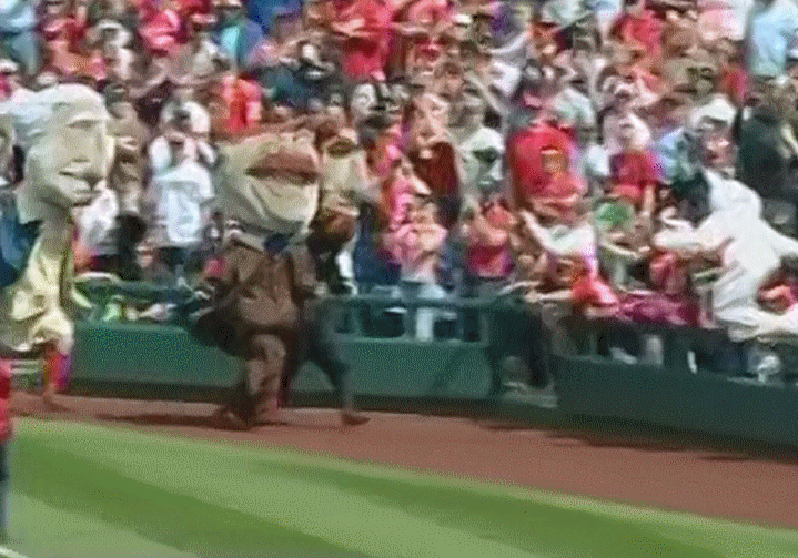 Easter bunny jumps out of stands and takes out the racing presidents at Nationals game (GIF)