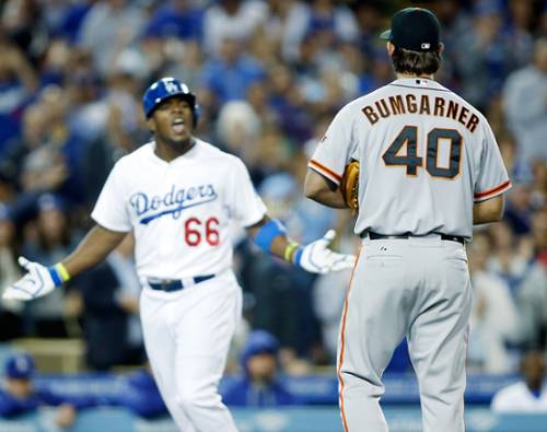 Yasiel Puig takes pitch, launches homer, exchanges words with Bumgarner (Video)
