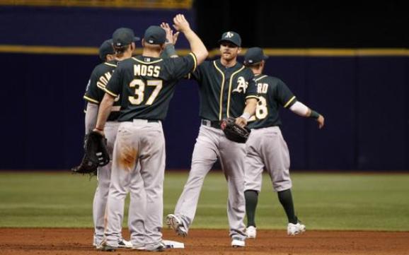 A's one-hit but win with homer, help from Rays