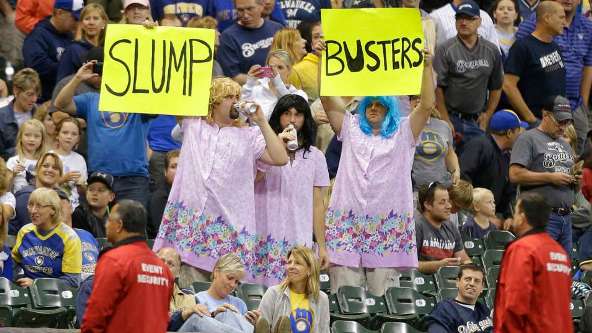 Brewers fans dress up as "Slumpbusters" at Miller Park 