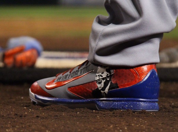 Yasiel Puig wears Vin Scully cleats